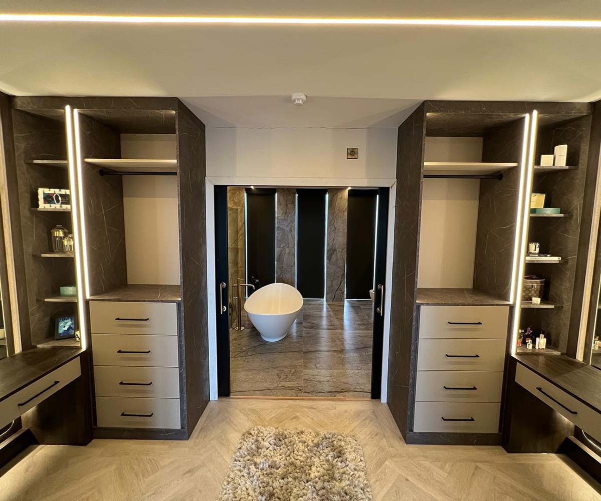 Custom Bathroom furniture including draws shelves and cupboards by J Bell Interiors luxury bespoke fitted furniture in blackpool lancashire and the northwest