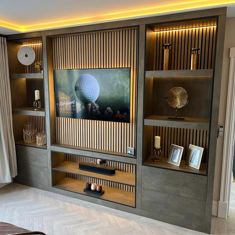 Custom Built media wall with display shelving by J Bell Interiors luxury bespoke fitted furniture in blackpool lancashire and the northwest